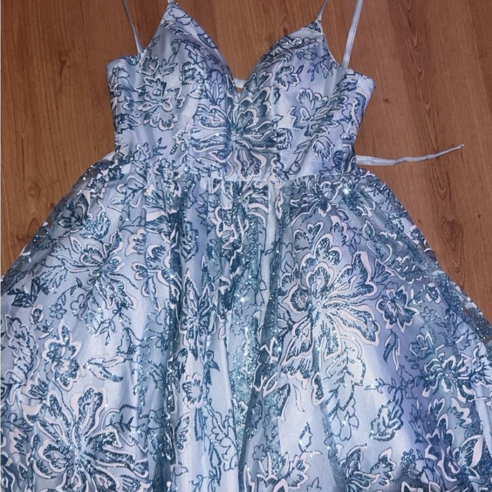 Blue maxi gown with spaghetti straps sweetheart neckline for prom